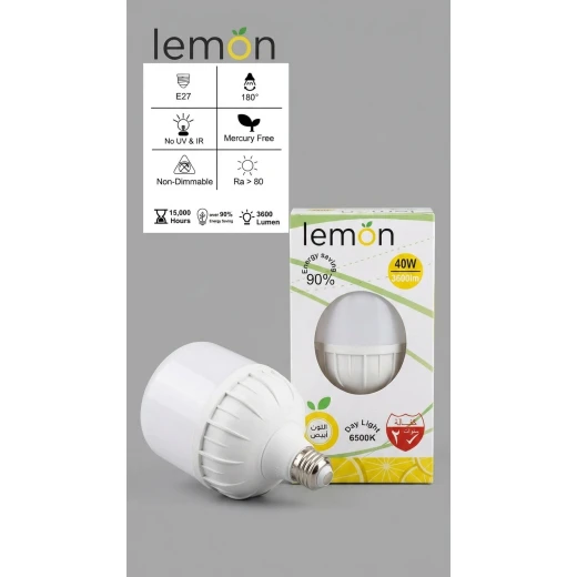 لمبة ليد ليمون Lemon HMS-T120 بقدرة 40 واط، إضاءة 3600 لومن، ضوء أبيض نهاري 6500K، قاعدة E27، زاوية إضاءة 180°، توفير طاقة 90%، عمر 15000 ساعة، ضمان سنتين لمبة ليد ليمون Lemon HMS-T120 بقدرة 40 واط، إضاءة 3600 لومن، ضوء أبيض نهاري 6500K، قاعدة E27، زاوية إضاءة 180°، توفير طاقة 90%، عمر 15000 ساعة، ضمان سنتين