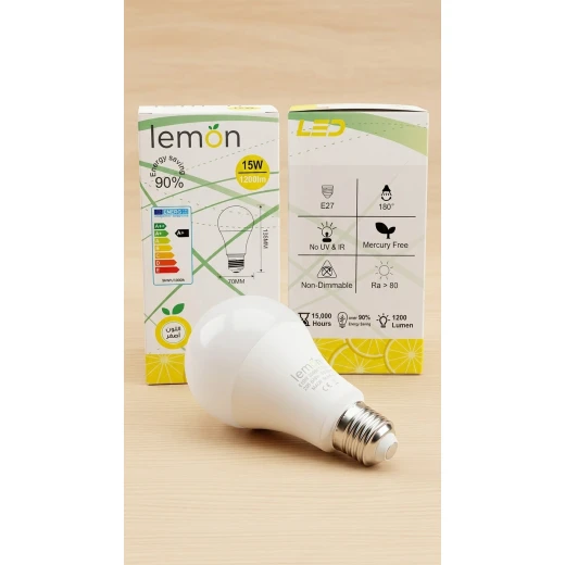 مصباح LED من ليمون HMS-A70 بقوة 15 واط، 1200 لومن، ضوء أصفر دافئ، زاوية شعاع 180 درجة، عمر افتراضي 15000 ساعة، 220-240 فولت، مؤشر تجسيد اللون >80، ضمان لمدة عامين