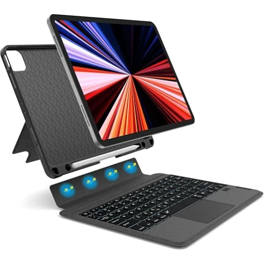 كفر كيبورد WiWU للآيباد Air وPro 12.9 بوصة، لوحة مفاتيح عربية وإنجليزية مع تراك باد دقيق، حماية ضد الصدمات، حامل قلم وغطاء ذكي أسود