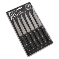 طقم سكاكين ستيك Pinti بمقابض خشبية، 6 قطع، لون أسود، تصميم أنيق ومريح، شفرات حادة ومتينة، مثالي لتقطيع شرائح اللحم وتقديم الطعام
