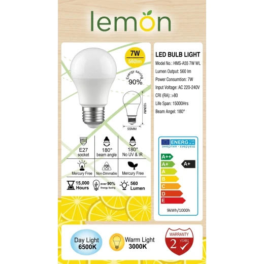 لمبة ليمون LED HMS-A55 بقوة 7 واط – لمبة إضاءة بيضاء 560 لومن، زاوية إضاءة 180°، جهد 220-240 فولت، CRI أعلى من 80، عمر 15000 ساعة