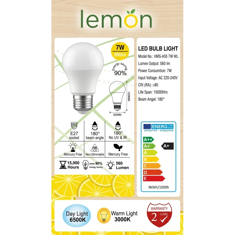 لمبة ليمون LED HMS-A55 بقوة 7 واط – إضاءة صفراء دافئة 560 لومن، زاوية إضاءة 180°، جهد 220-240 فولت، CRI أعلى من 80، عمر افتراضي 15000 ساعة - ليمون