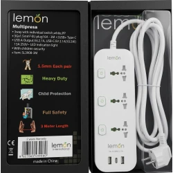 وصلة كهرباء ليمون SL3908-3M بطول 3 متر – مشترك كهربائي مع قابس أوروبي، منفذان USB ومنفذ Type-C، وصلة تمديد متعددة الاستخدامات للمنزل والمكتب