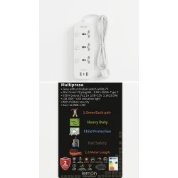 LEMON SL3908-1.5M 1.5 Extension Socket – Power Strip with EU Plug, 2 USB Ports and Type-C Port, Multi-Function Extension Cord for Home and Office Use
