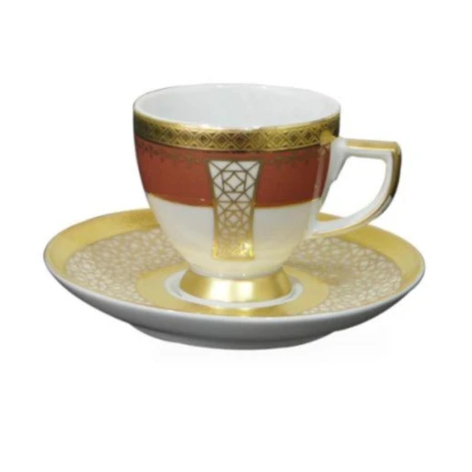 Turkish Coffee Cup Set of 6, 12-Piece White Porcelain Set with White, Gold & Brown Design, Includes 6 Cups and 6 Saucers, Dishwasher Safe