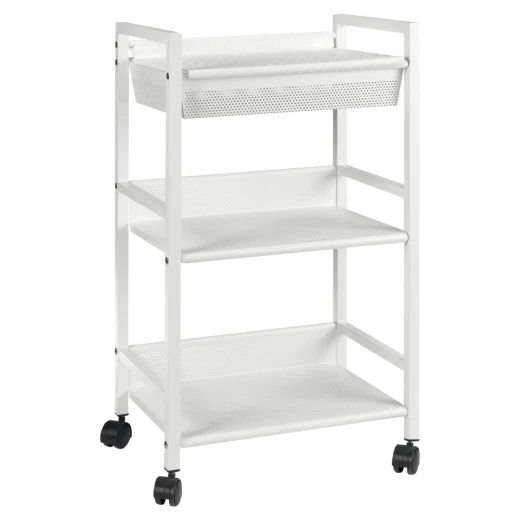 Metal Trolley with Basket White, Practical and Versatile Storage Trolley for Easy Organization, Dimensions: 39.5 × 28 × 71.5cm Metal Trolley with Basket White, Practical and Versatile Storage Trolley for Easy Organization, Dimensions: 39.5 × 28 × 71.5cm