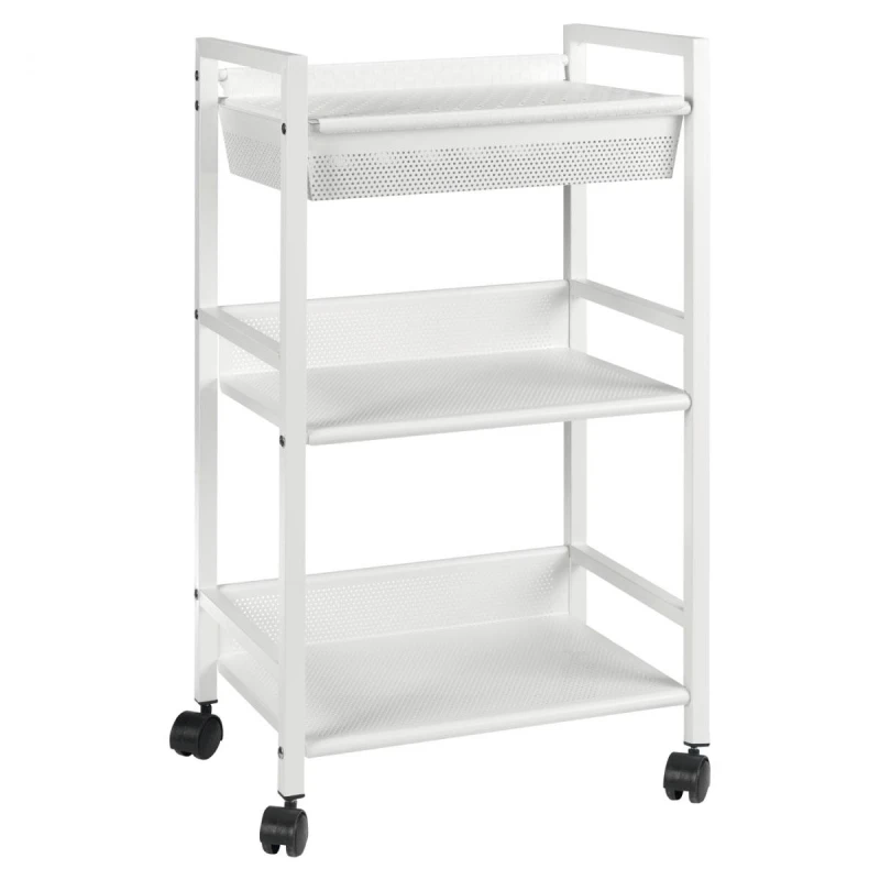 Metal Trolley with Basket White, Practical and Versatile Storage Trolley for Easy Organization, Dimensions: 39.5 × 28 × 71.5cm - Mascagni