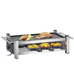 Kuchenprofi Raclette TASTE Grill 1200W Stainless Steel – Non-Stick Party Grill with 8 Pans, 8 Scrapers, Adjustable Temp & Safe Handles for Dining