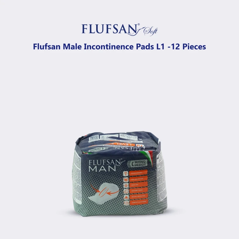 Flufsan Anatomical Sanitary Pads for Men Level 2 - 1 Pack of 10 Incontinence Protector Absorbent Pads for Male Urinary Leakage - Discreet and Comfortable - Flufsan