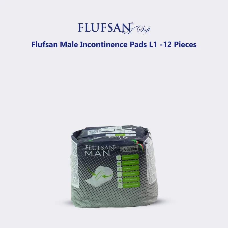 Flufsan Male Incontinence Pads L1, 12 Pieces, Made in Italy, Highly Absorbent, Odor Control, Quick Dry, Disposable, Extra Protection Design - Flufsan
