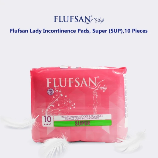 Flufsan Lady Incontinence Pads, Super (SUP),10 Pieces, Hypoallergenic, Maximum Protection & Comfort, With Adhesive Strips Flufsan Lady Incontinence Pads, Super (SUP),10 Pieces, Hypoallergenic, Maximum Protection & Comfort, With Adhesive Strips