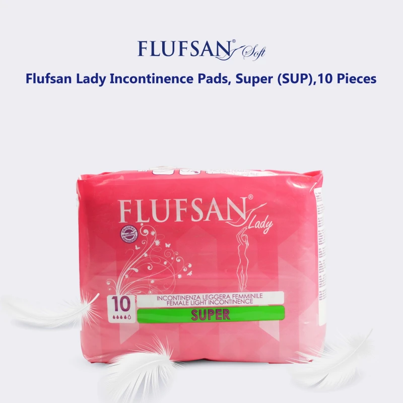 Flufsan Lady Incontinence Pads, Super (SUP),10 Pieces, Hypoallergenic, Maximum Protection & Comfort, With Adhesive Strips - Flufsan