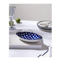 Madame Coco Reve Bleu Raye Oval Porcelain Serving Plate, Elegant Blue Striped Tableware, 19 × 10.3 × 2.7 cm