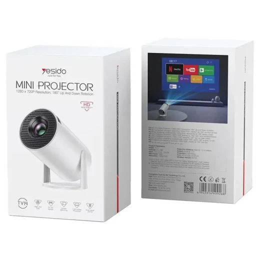 بروجكتور Yesido TV14 Mini أبيض بدقة HD 1280×720P، مع Bluetooth 5.0 وWiFi 6، جهاز عرض محمول مثالي للأفلام والألعاب والعروض المنزلية بجودة صورة واضحة واتصال سريع - يسيدو - Image 2