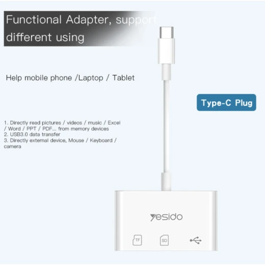 يسيدو GS16 محول USB-C إلى USB 3.0 OTG مع فتحة بطاقة TF SD وشحن سريع PD أبيض - يسيدو - Image 2