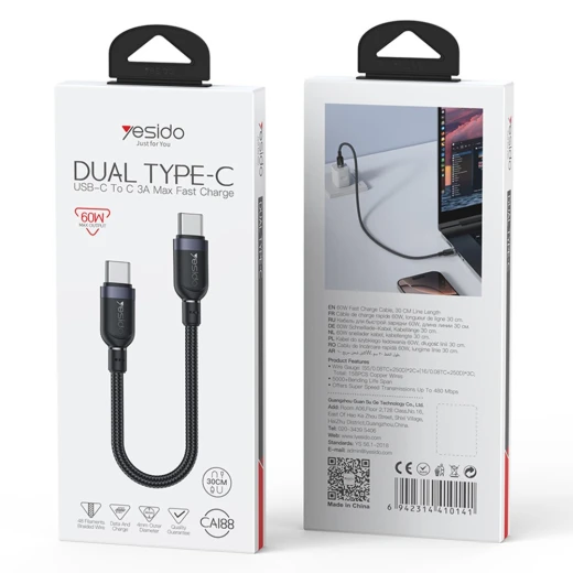 كابل يسيدو CA188 بطول 30 سم من Type-C إلى Type-C، يدعم الشحن السريع PD بقدرة 60W ونقل البيانات بسرعة 480Mbps، بتصميم مضفر متين باللون الأسود - يسيدو - Image 2