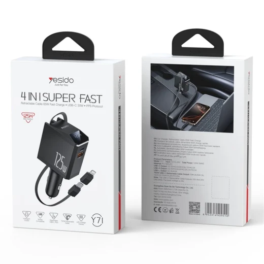 شاحن حائط يسيدو YESIDO Y71 بقوة 125 واط، 4 منافذ USB، مع كابل USB-C إلى Lightning بقدرة 65 واط، شاحن سريع للآيفون والأجهزة الذكية - يسيدو - Image 4