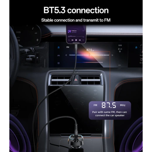 شاحن سيارة يسيدو Y70 بقدرة 15W وشحن سريع، يدعم Bluetooth 5.3 ومرسل FM مع جهاز تحكم عن بعد، يتيح شحن 3 أجهزة في الوقت نفسه، باللون الأسود - يسيدو - Image 3