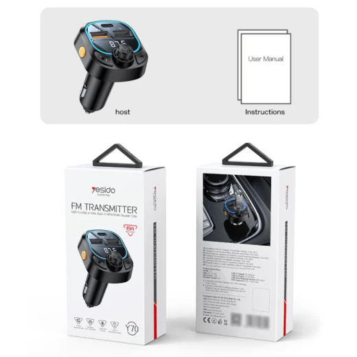 شاحن سيارة يسيدو Y70 بقدرة 15W وشحن سريع، يدعم Bluetooth 5.3 ومرسل FM مع جهاز تحكم عن بعد، يتيح شحن 3 أجهزة في الوقت نفسه، باللون الأسود - يسيدو - Image 2
