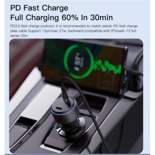 يسيدو Y48 شاحن سيارة بمنفذين تايب سي PD 30 واط 20 واط متوافق مع الشحن السريع USB C - يسيدو - Image 5