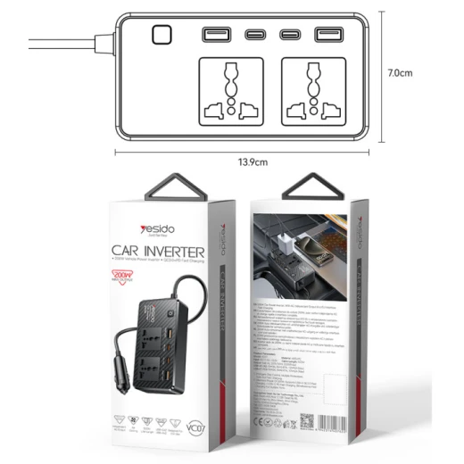 محول طاقة سيارة يسيدو VC07 بقدرة عالية 200W، يدعم الشحن السريع، بتصميم عملي ومناسب لتوفير الطاقة وشحن الأجهزة المختلفة داخل السيارة أثناء التنقل - يسيدو - Image 2