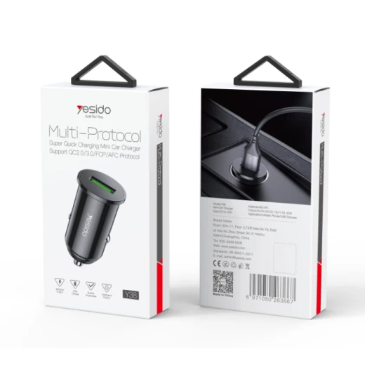 شاحن سيارة سريع يسيدو YESIDO Y38 بتقنية QC2.0 وQC3.0 وFCP وAFC، محول شحن USB فائق السرعة للسيارة، شاحن سيارة أسود - يسيدو - Image 6