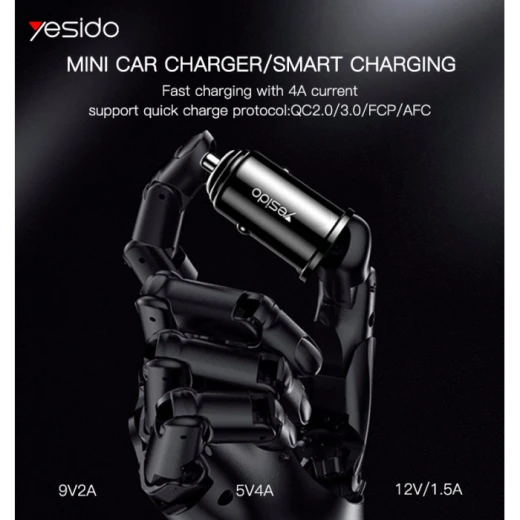 شاحن سيارة سريع يسيدو YESIDO Y38 بتقنية QC2.0 وQC3.0 وFCP وAFC، محول شحن USB فائق السرعة للسيارة، شاحن سيارة أسود - يسيدو - Image 7