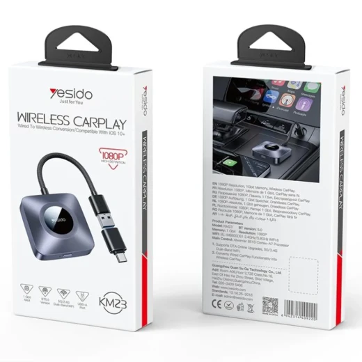محول كار بلاي لاسلكي للسيارة يسيدو YESIDO، يدعم USB-A وUSB-C، محول Apple CarPlay لاسلكي سريع وسهل الاستخدام، باللون الرمادي - يسيدو - Image 2