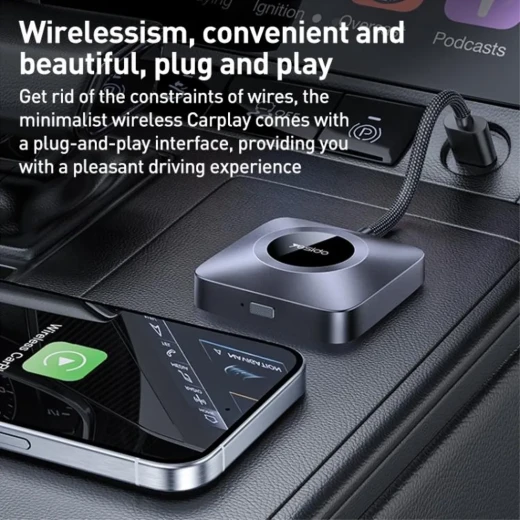 محول كار بلاي لاسلكي للسيارة يسيدو YESIDO، يدعم USB-A وUSB-C، محول Apple CarPlay لاسلكي سريع وسهل الاستخدام، باللون الرمادي - يسيدو - Image 4