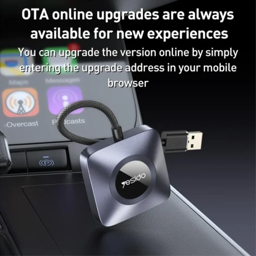 محول كار بلاي لاسلكي للسيارة يسيدو YESIDO، يدعم USB-A وUSB-C، محول Apple CarPlay لاسلكي سريع وسهل الاستخدام، باللون الرمادي - يسيدو - Image 6
