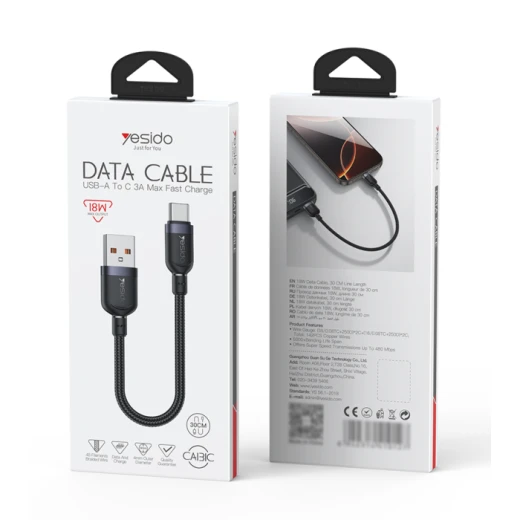 Yesido CA131C 0.3 Meter 18W Fast Charging USB to Type-C Aluminum Alloy Braided Data Cable Black - Yesido - Image 2