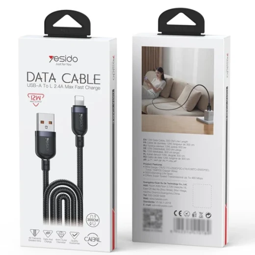 كابل شحن ومزامنة بيانات YESIDO CA134L USB A إلى Lightning بطول 3 متر بقوة 2.4 أمبير أسود - يسيدو - Image 2