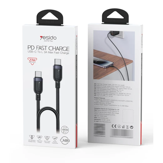 يسيدو CA189 كابل USB-C إلى لايتنينج مضفر 27 واط 1.2 متر أسود - يسيدو - Image 3
