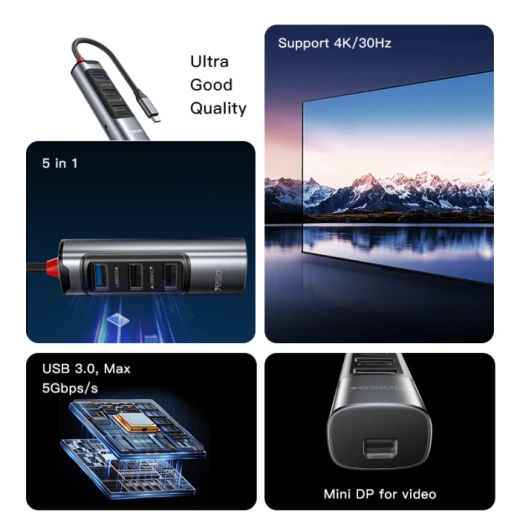 موزع USB-C يسيدو YESIDO HB24 ‏5 في 1، هاب USB متعدد المنافذ مع شحن PD بقدرة 100 واط ودعم OTG، محول USB-C للأجهزة واللابتوب، باللون الرمادي - يسيدو - Image 3