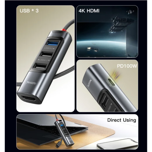 يسيدو HB22 موزع USB-C بخمس وظائف مع 100 واط PD ووظيفة OTG باللون الأسود - يسيدو - Image 5