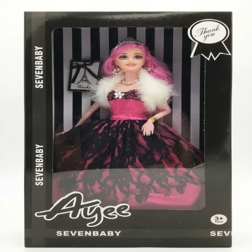 Ayee Sevenbaby Fashion Doll with Pink Hair, Pink & Black Lace Ball Gown, Fur Stole, Tiara, Necklace, Earrings and Bracelet, Gift Toy for Kids Ages 3+