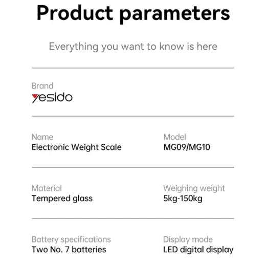 ميزان وزن إلكتروني ذكي Yesido MG10 باللون الأسود، زجاج مقوى، شاشة LED عالية الوضوح، سعة قياس من 5 إلى 150 كجم، أبعاد 28 × 28 × 2.35 سم - يسيدو - Image 2