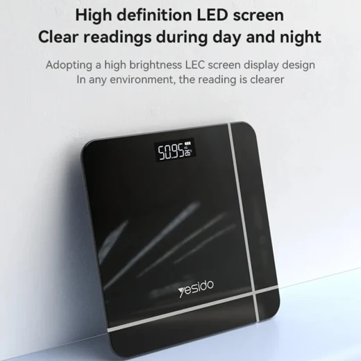 ميزان وزن إلكتروني ذكي Yesido MG10 باللون الأسود، زجاج مقوى، شاشة LED عالية الوضوح، سعة قياس من 5 إلى 150 كجم، أبعاد 28 × 28 × 2.35 سم - يسيدو - Image 6