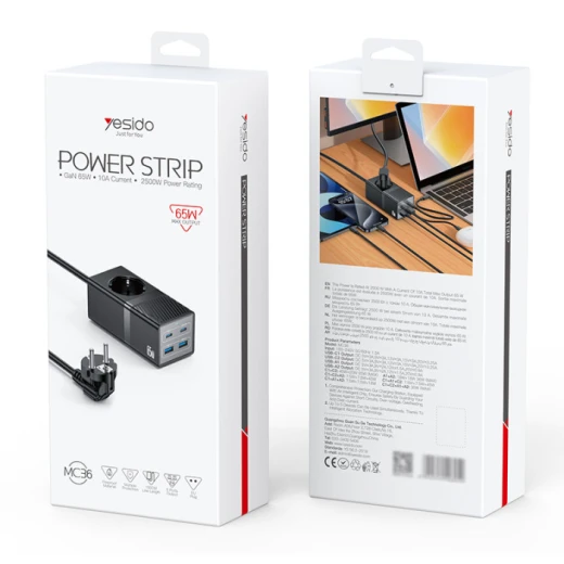 يسيدو MC36 5 في 1 65 واط + 2500 واط قابس طاقة شحن سريع GaN مع 2*Type-C و 2*USB، كابل 1.5 متر، المعيار الأوروبي، PC مقاوم للحريق - يسيدو - Image 2