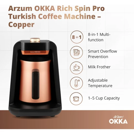 Okka Rich Turkish Milk Coffee Machine Spin Pro OK0026, 700W – 1–5 Cups of Coffee or 1–4 Cups of Milk, Classic & Strong Coffee Modes, Stainless Steel Container, Mixer & Anti-Spill System - arzum okka - Image 9