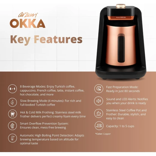 Okka Rich Turkish Milk Coffee Machine Spin Pro OK0026, 700W – 1–5 Cups of Coffee or 1–4 Cups of Milk, Classic & Strong Coffee Modes, Stainless Steel Container, Mixer & Anti-Spill System - arzum okka - Image 7