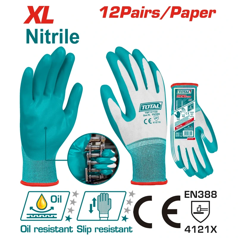 TOTAL TOOLS Nitrile Gloves XL TSP12162 – Protective Work & Safety Gloves, Non-Slip Nitrile Coated Gloves for Industrial, General Work & Cleaning - Total