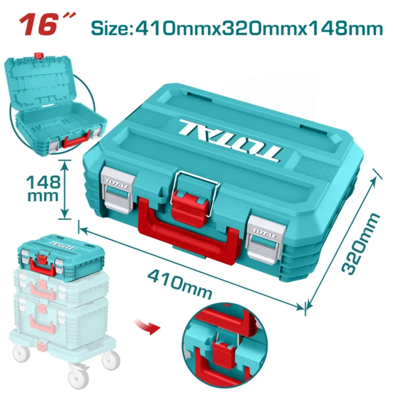 TOTAL TOOLS 16-Inch Stackable Plastic Tool Box TPBXS101 – 15kg Capacity Heavy-Duty Tool Storage Box, Portable Hand Tool Organizer & Work Box - Total
