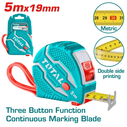 TOTAL TOOLS 5m × 19mm Steel Measuring Tape TMT126051M – Rubber Coated Heavy-Duty Tape Measure, Professional Measuring Tool for Construction, Carpentry & Maintenance TOTAL TOOLS 5m × 19mm Steel Measuring Tape TMT126051M – Rubber Coated Heavy-Duty Tape Measure, Professional Measuring Tool for Construction, Carpentry & Maintenance