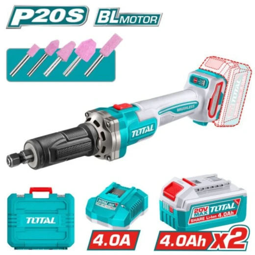 TOTAL 20V Brushless Cordless Die Grinder Kit with 2x 4.0Ah Batteries and Charger TDGLI20012 TOTAL 20V Brushless Cordless Die Grinder Kit with 2x 4.0Ah Batteries and Charger TDGLI20012