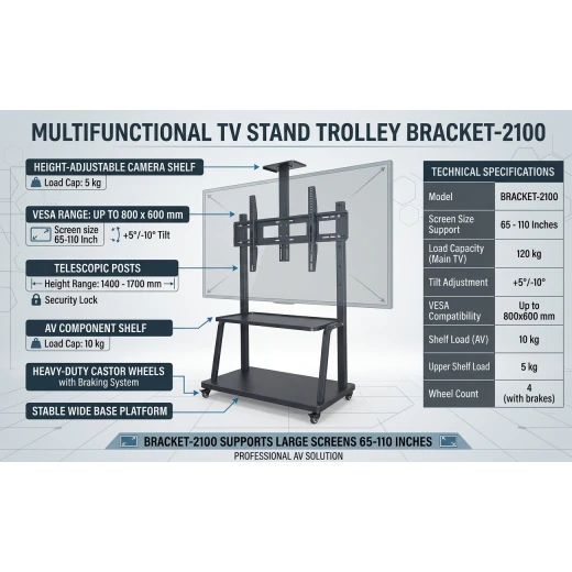 حامل تلفزيون متنقل متعدد الوظائف 65-110 بوصة BRACKET-2100 - Image 3