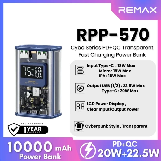 ريماكس باور بانك سلسلة سايبو 10000mAh PD20W + QC22.5W ستايل بانك أزرق RPP-570 - ريماكس - Image 2