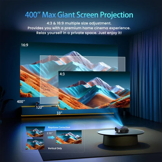بروجكتور سينما خارجي ذكي بدقة 4K مع واي فاي 6 وبلوتوث 5.3، محمول، متوافق مع نتفليكس، برايم فيديو، يوتيوب، HDMI، USB، iOS، Android - سمارت - Image 4