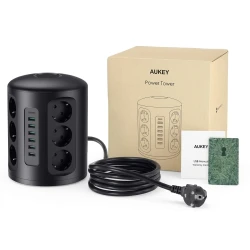 مشترك كهرباء Aukey PA-S14 Tower XL – 12 مخرج AC و6 منافذ USB، محطة شحن متعددة الأجهزة باللون الأسود، Power Strip للأجهزة المنزلية والمكتبية