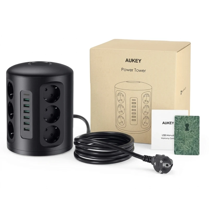 مشترك كهرباء Aukey PA-S14 Tower XL – 12 مخرج AC و6 منافذ USB، محطة شحن متعددة الأجهزة باللون الأسود، Power Strip للأجهزة المنزلية والمكتبية - أوكي